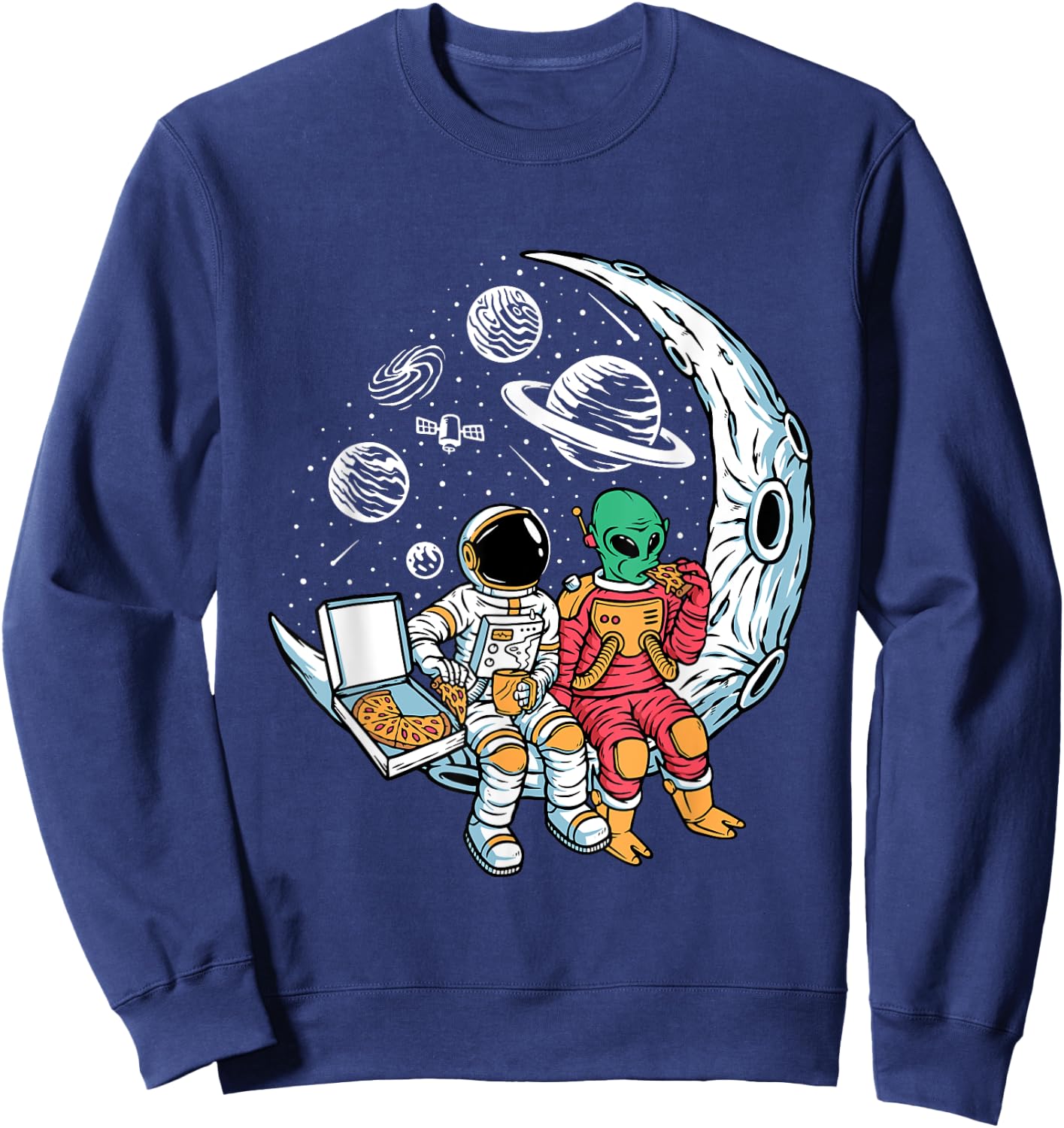 Astronaut Alien Eating Pizza in Space Chilling on the Moon Sweatshirt - Sweatshirt | Navy