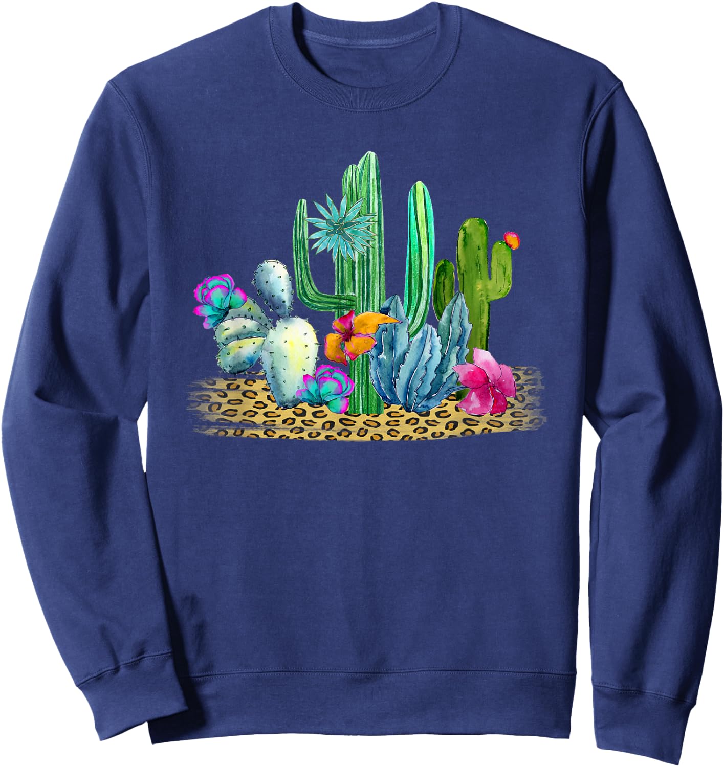 Desert Cactus Leopard Print Watercolor Boho Wanderlust Sweatshirt - Sweatshirt | Navy