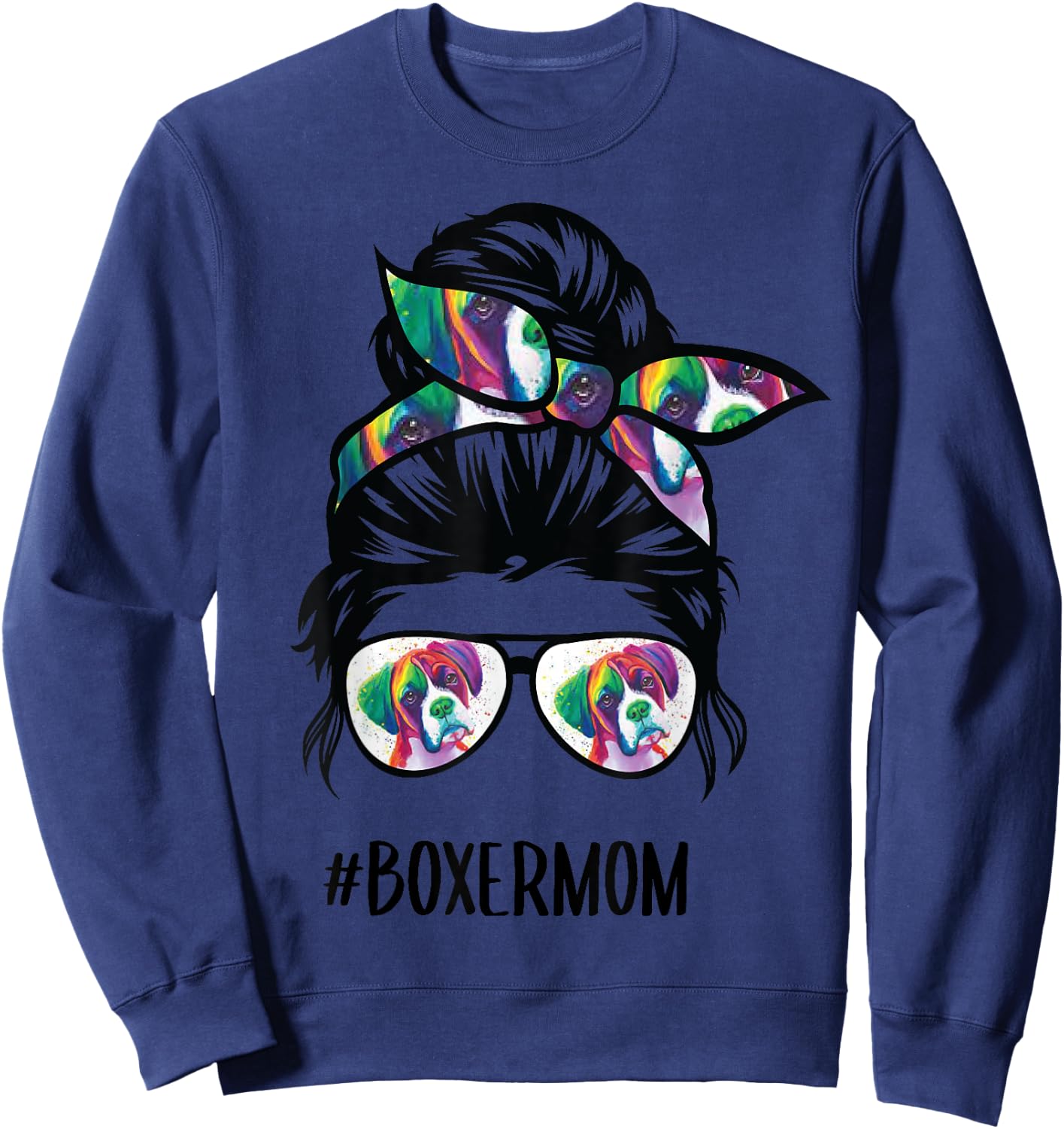 Boxer Mom Messy Bun Hair Dog Lover Women Girls Kids Sweatshirt - Sweatshirt | Navy
