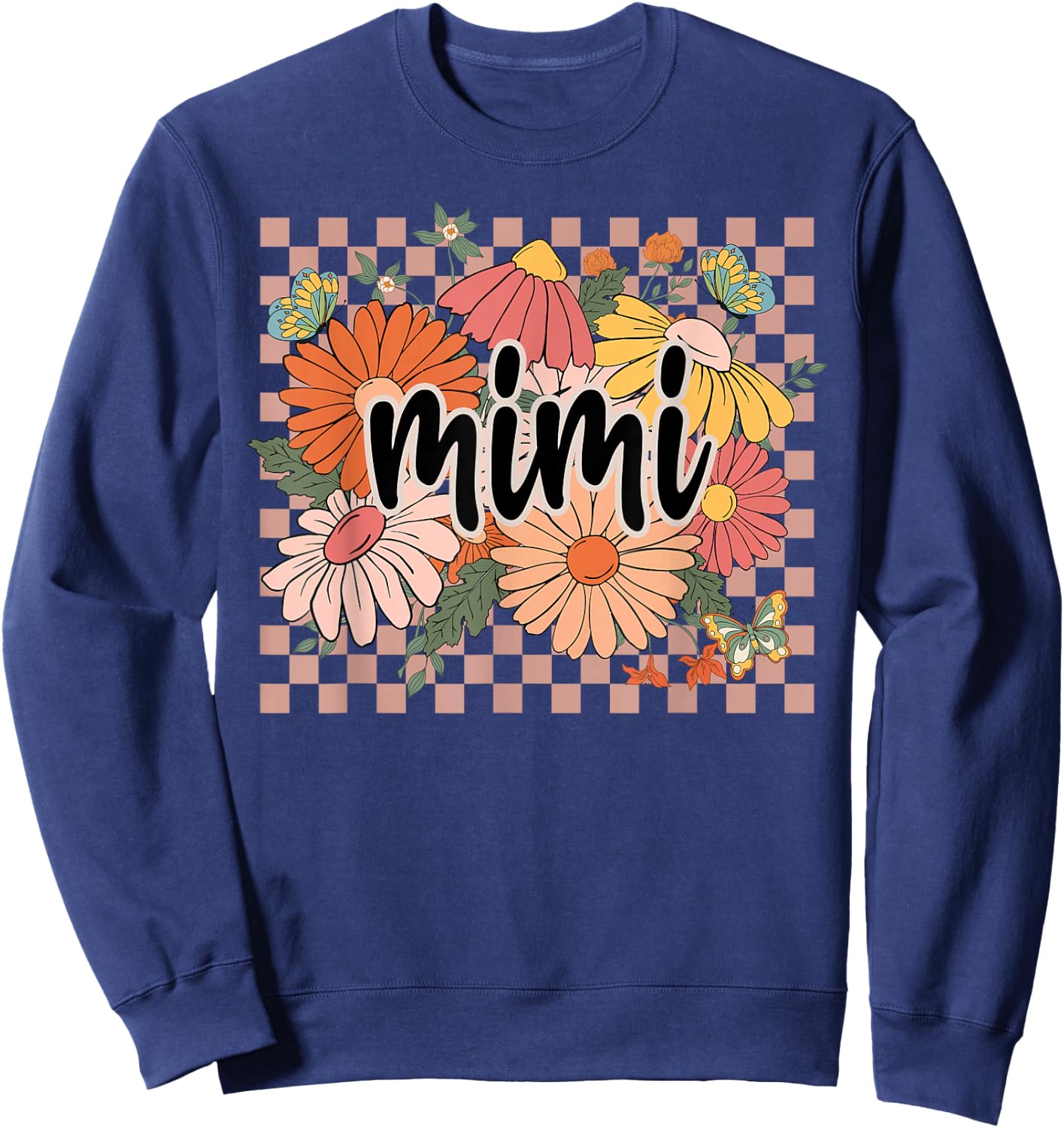 Mimi Floral Mother's Day Wildflower Girl Women Checkered Sweatshirt - Sweatshirt | Navy