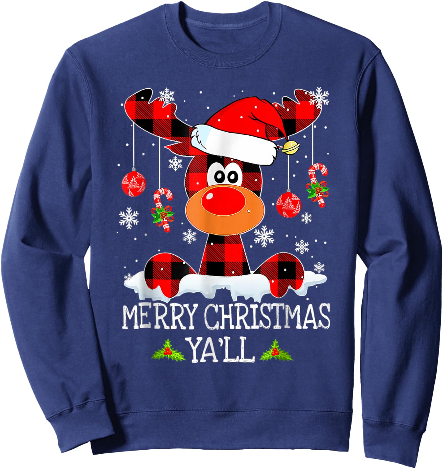 Merry Christmas Ya'll Reindeer Santa Hat Buffalo Red Plaid Sweatshirt - Sweatshirt | Navy