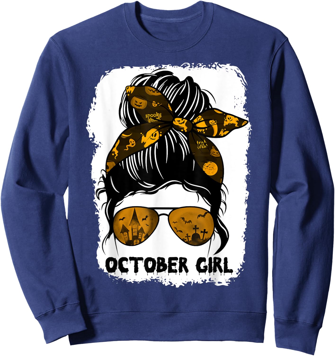 October Girl Messy Bun Lady Hair Horror Sunglasses Halloween Sweatshirt - Sweatshirt | Navy