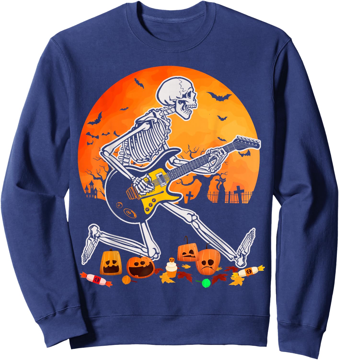 Skeleton Playing Bass Guitar Halloween Electric Acoustic Sweatshirt - Sweatshirt | Navy