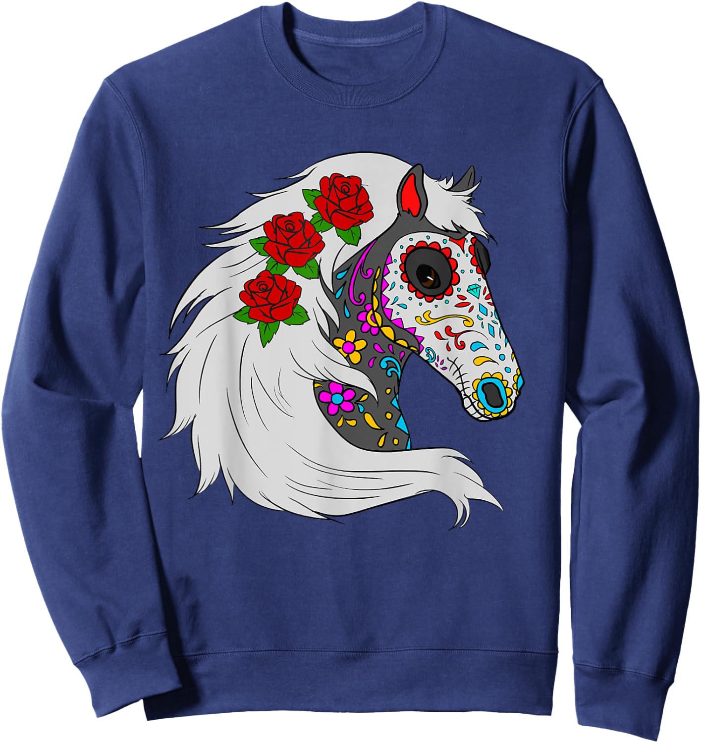 Day Of Dead Horse Mexican Roses Lover Horse Sugar Skull Sweatshirt - Sweatshirt | Navy