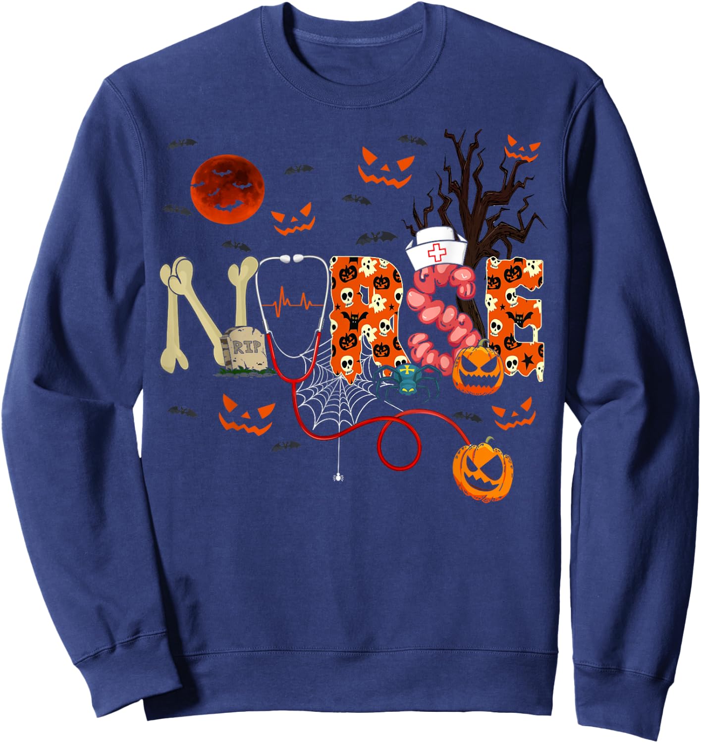 Nurse Funny Stethoscope Nurse Pumpkin Skull Lover Halloween Sweatshirt - Sweatshirt | Navy