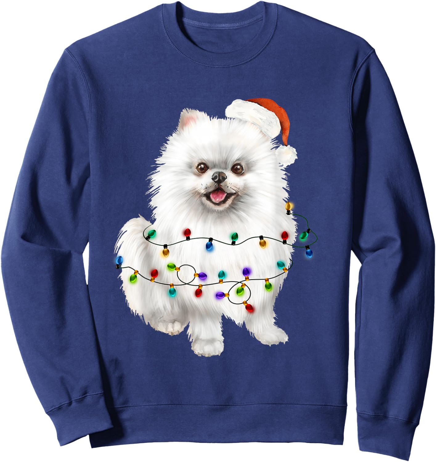 Pomeranian White Santa Christmas Tree Lights Xmas Dog Lover Sweatshirt - Sweatshirt | Navy