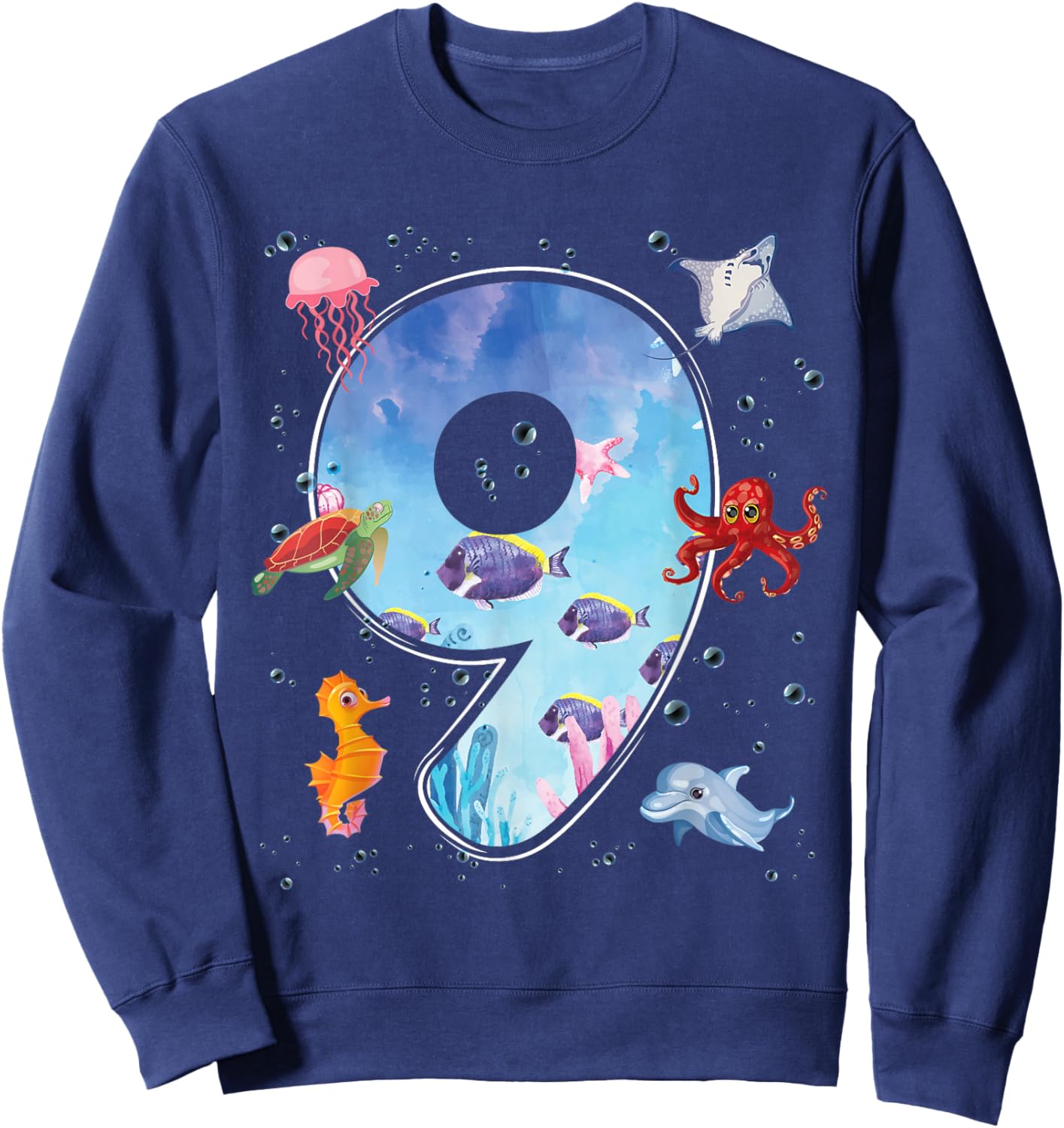 9th Birthday Party Ocean 9 Year Old Sea Fish Aquarium Boy Sweatshirt - Sweatshirt | Navy