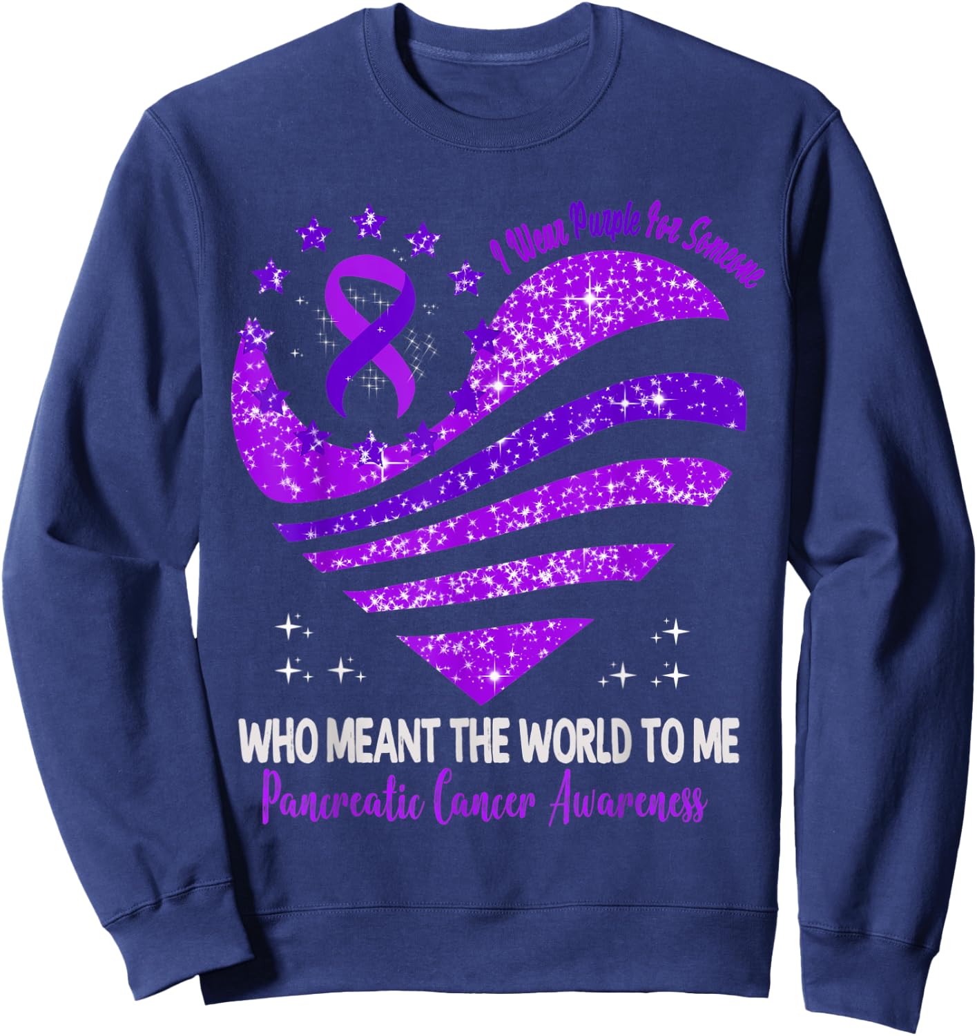 I Wear Purple For Pancreatic Cancer Awareness Heart Ribbon Sweatshirt - Sweatshirt | Navy