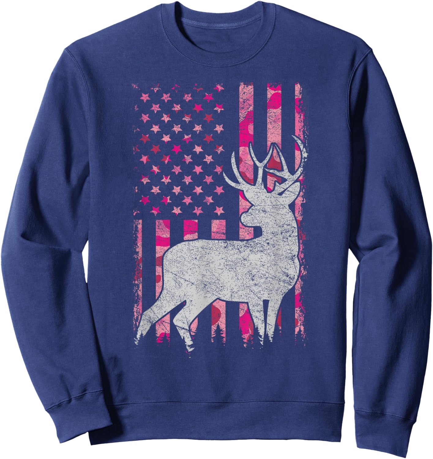 Women Girls Patriotic Pink Camo USA Flag Deer Hunter Sweatshirt - Sweatshirt | Navy