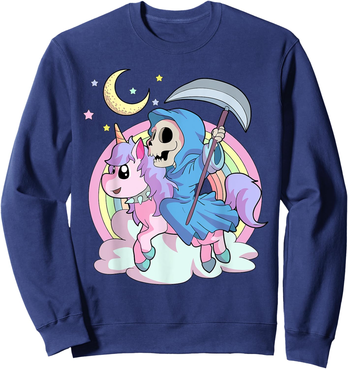 Kawaii Pastel Goth Unicorn and Grim Reaper Creepy Unicorn Sweatshirt - Sweatshirt | Navy