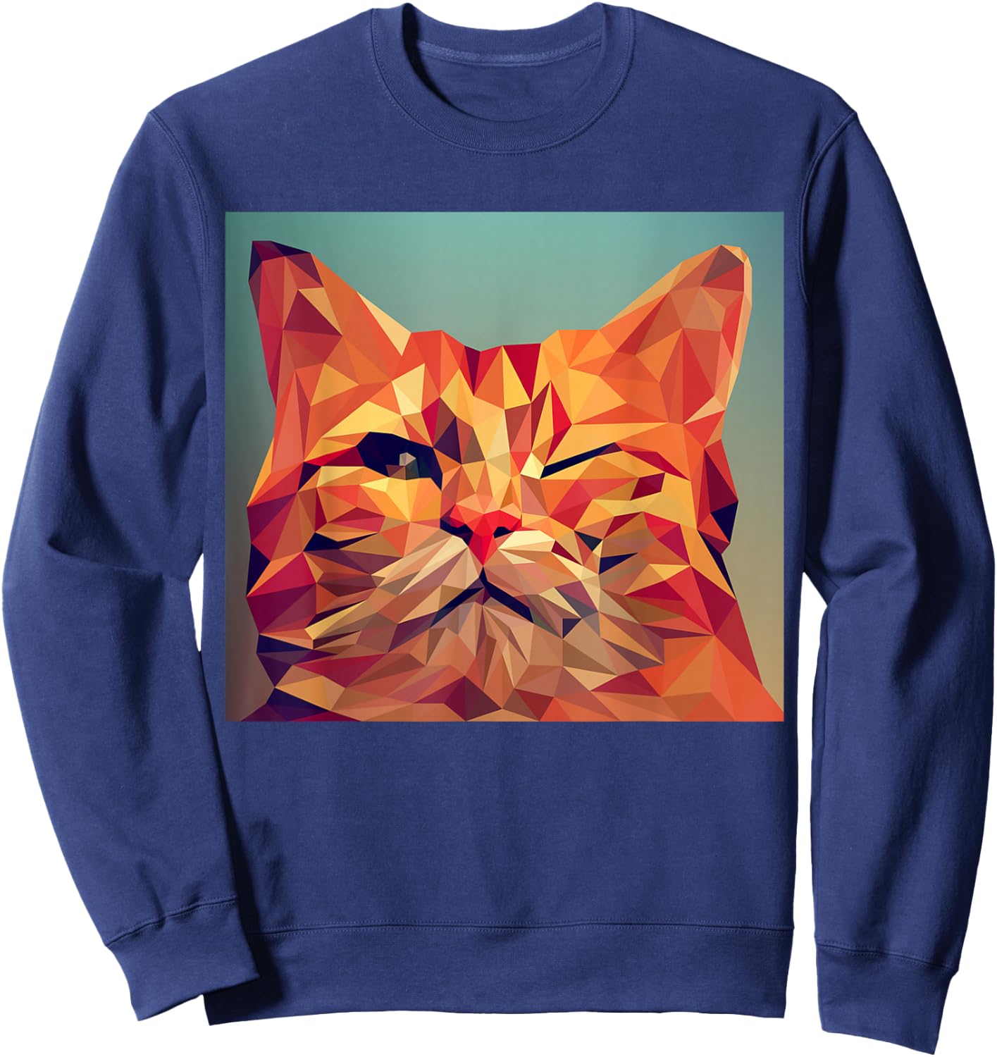 Winking Orange Cat Lover Feline Abstract Digital Poly Art Sweatshirt - Sweatshirt | Navy