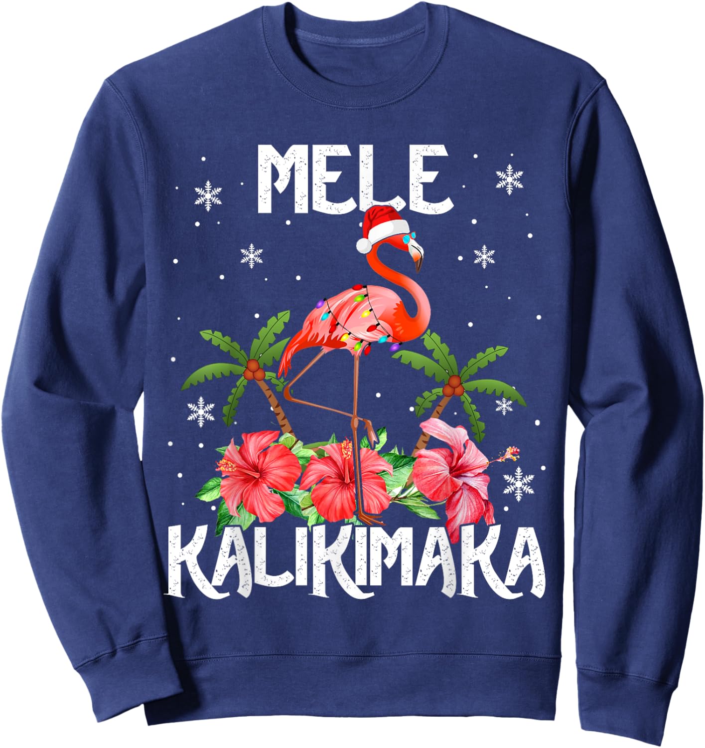 Mele Kalikimaka Merry Xmas Light Santa Hawaiian Flamingo Sweatshirt - Sweatshirt | Navy