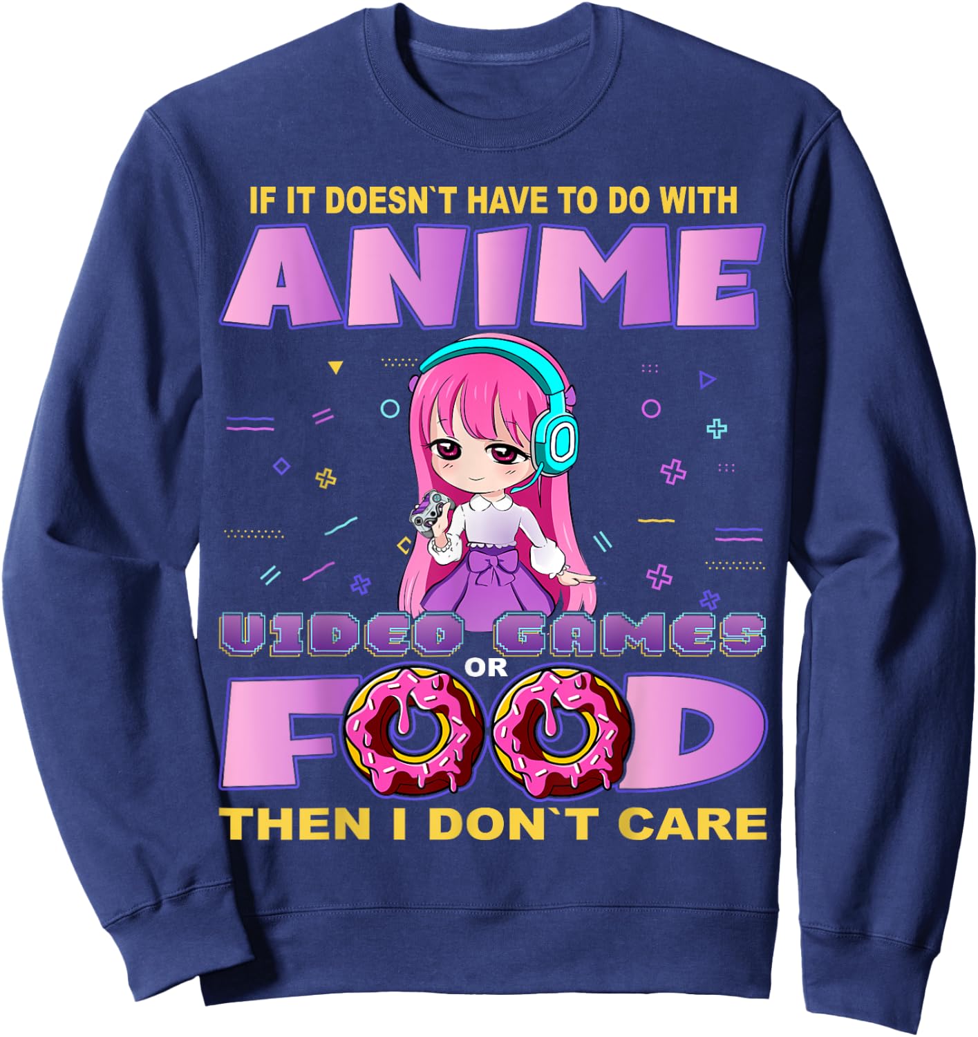 Funny Anime and Video Games Food Chibi Gaming Donut Sweatshirt - Sweatshirt | Navy