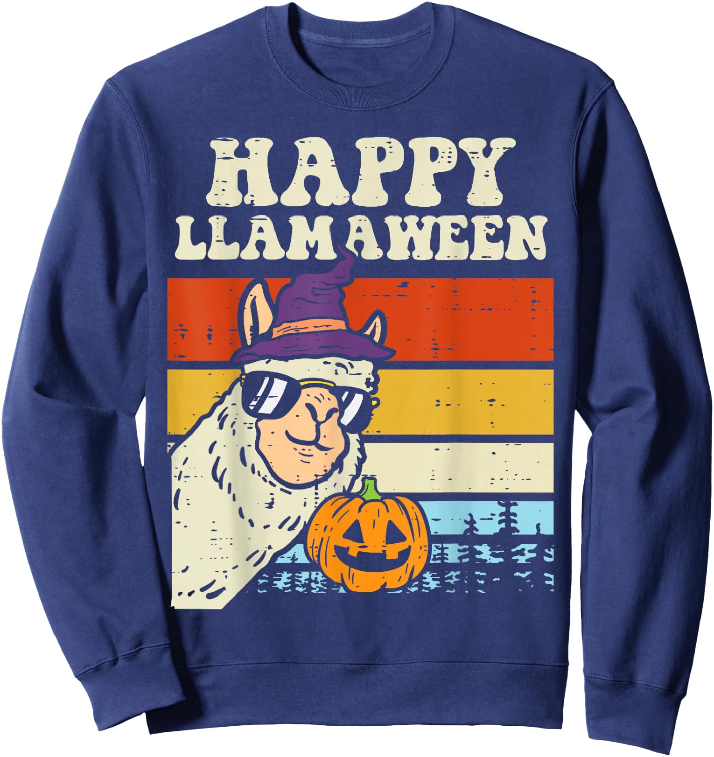 Happy Llamaween Llama Witch Retro Halloween Alpaca Animal Sweatshirt - Sweatshirt | Navy