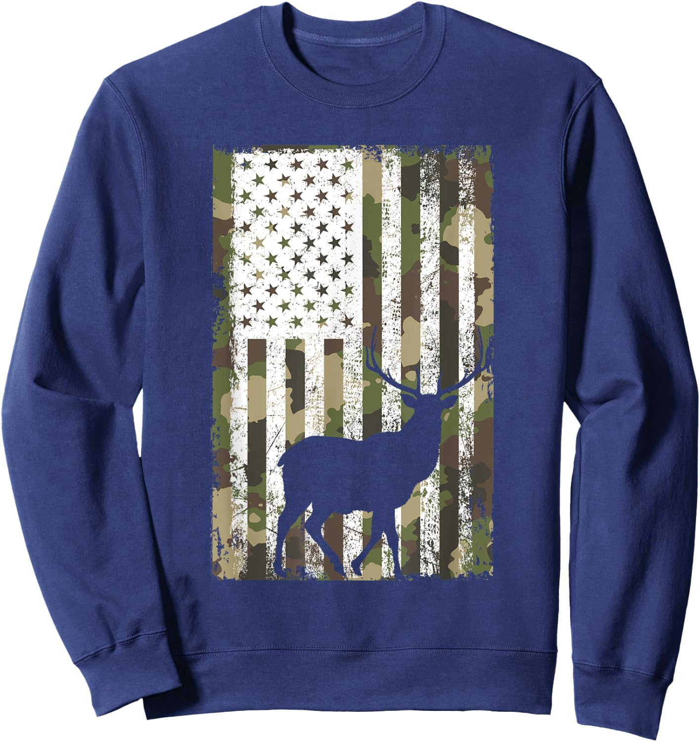 Camo US Flag Deer Elk Buck Camouflage Hunting Hunter Dad Men Sweatshirt - Sweatshirt | Navy