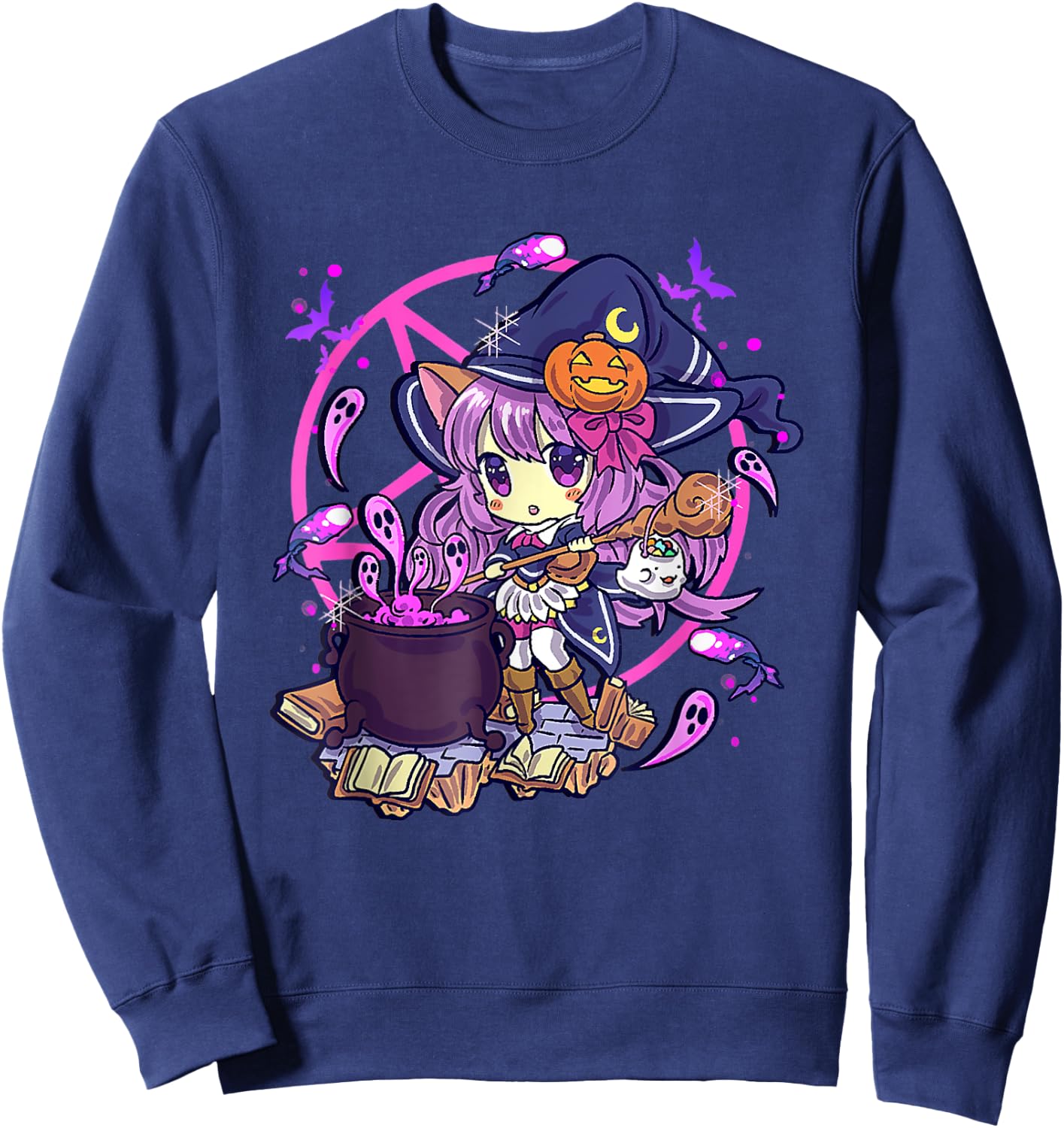 Cute Kawaii Chibi Anime Halloween Witch Kids Teen Girl Sweatshirt - Sweatshirt | Navy