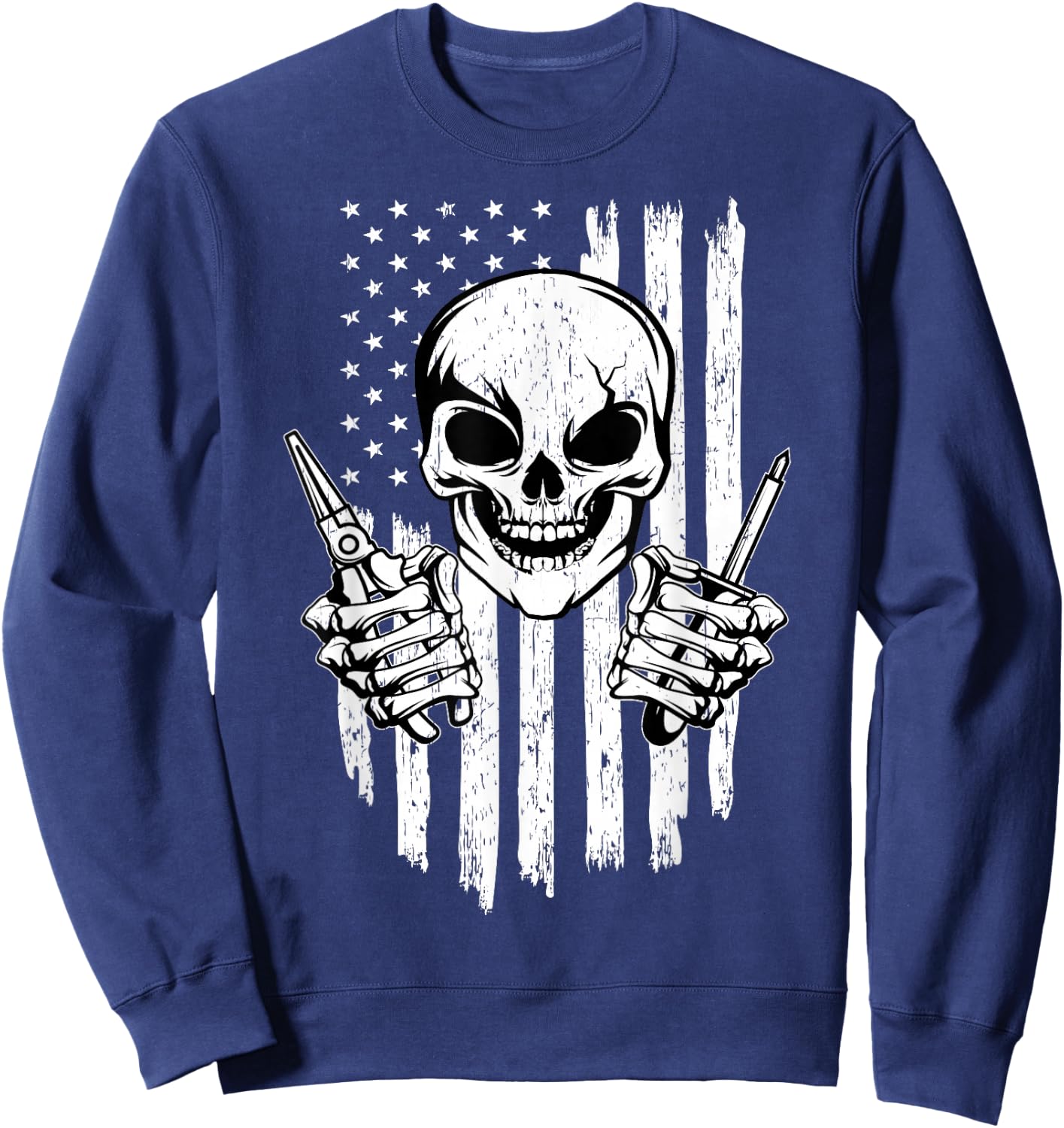 Electrician Skull Electricity Electrical Wiring US Flag Sweatshirt - Sweatshirt | Navy