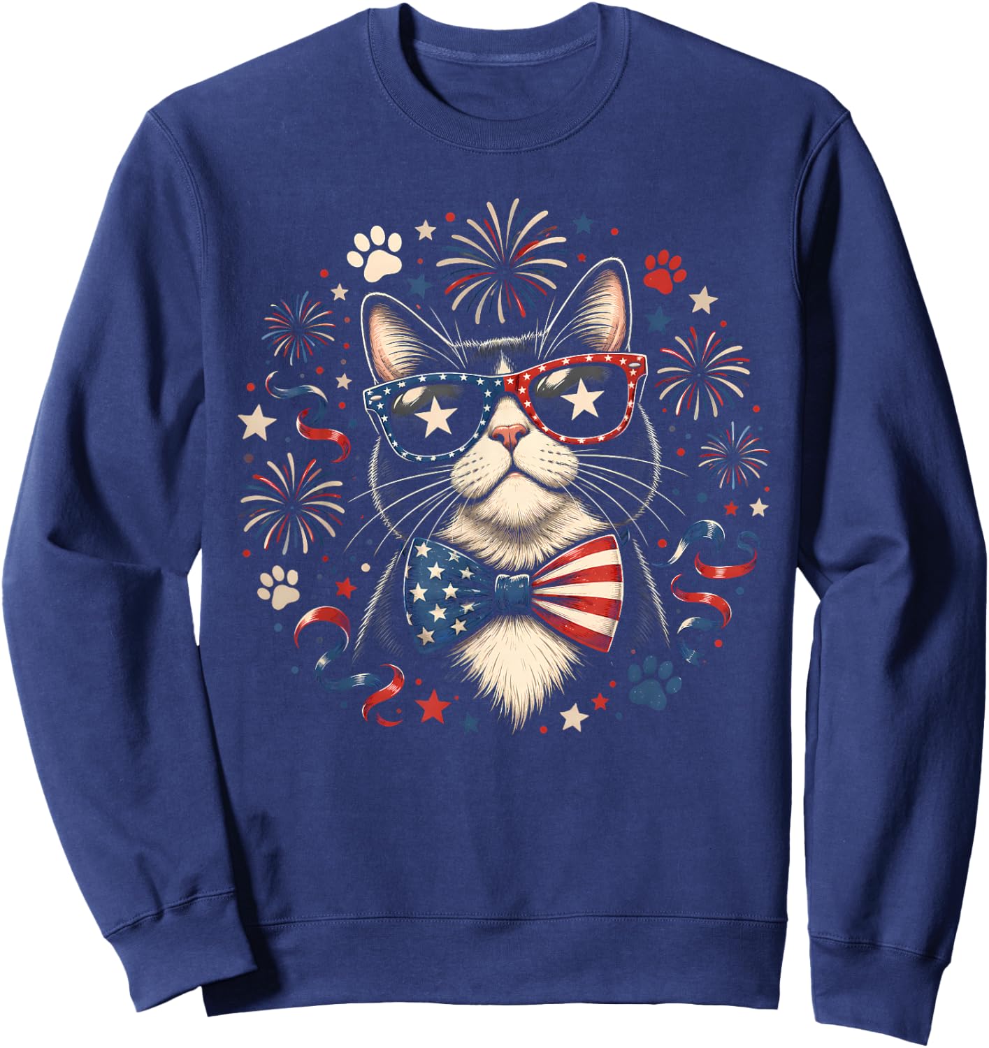 Cat 4th of July American Flag Bow Patriotic Women Sweatshirt - Sweatshirt | Navy