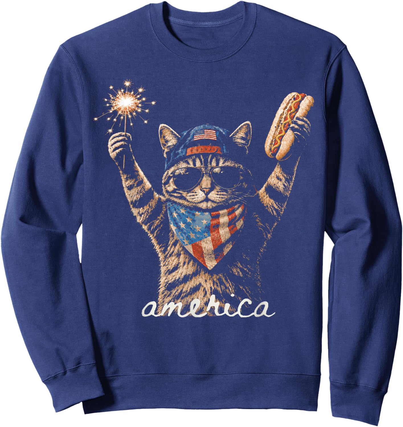 Retro Funny America CatHot Dog Lovers Patriotic US Flag Sweatshirt - Sweatshirt | Navy