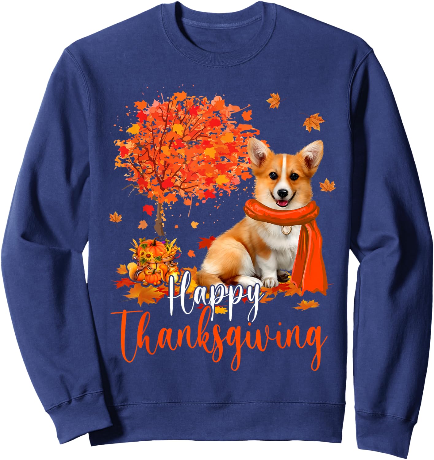 Happy Thanksgiving Corgi Dog And Autumn Tree Corgi Dog Lover Men Women Kids Sweatshirt - Sweatshirt | Navy