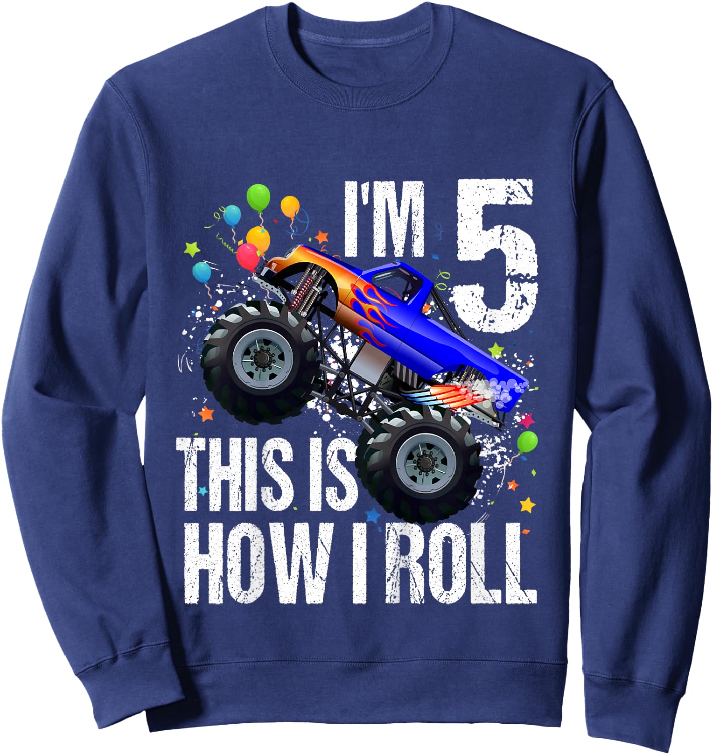 Kids 5th Birthday Boy Monster Truck Rule JAM Shirt Five 5 Year Sweatshirt - Sweatshirt | Navy