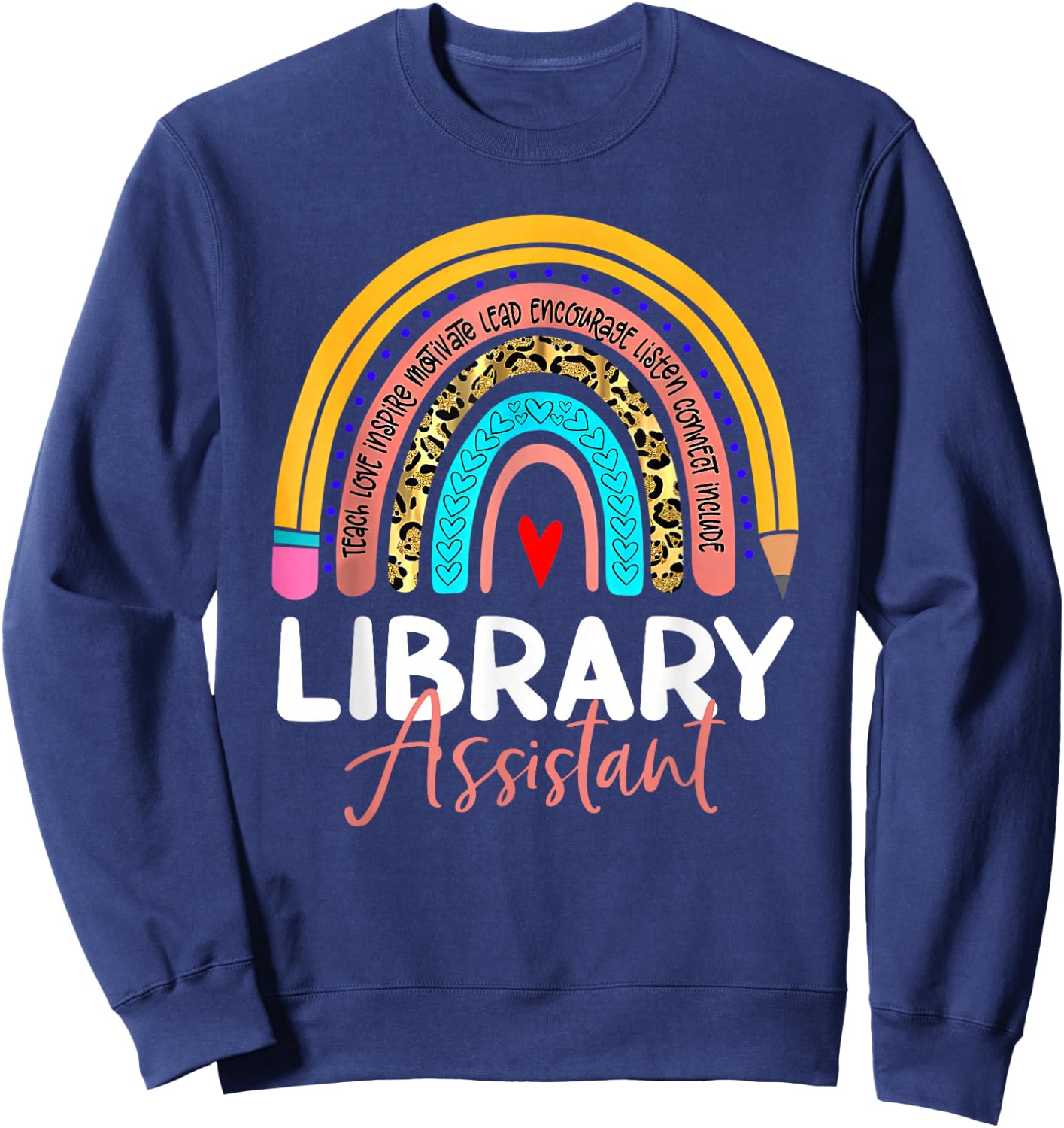 Library Assistant Leopard Rainbow Back To School Librarian Sweatshirt - Sweatshirt | Navy