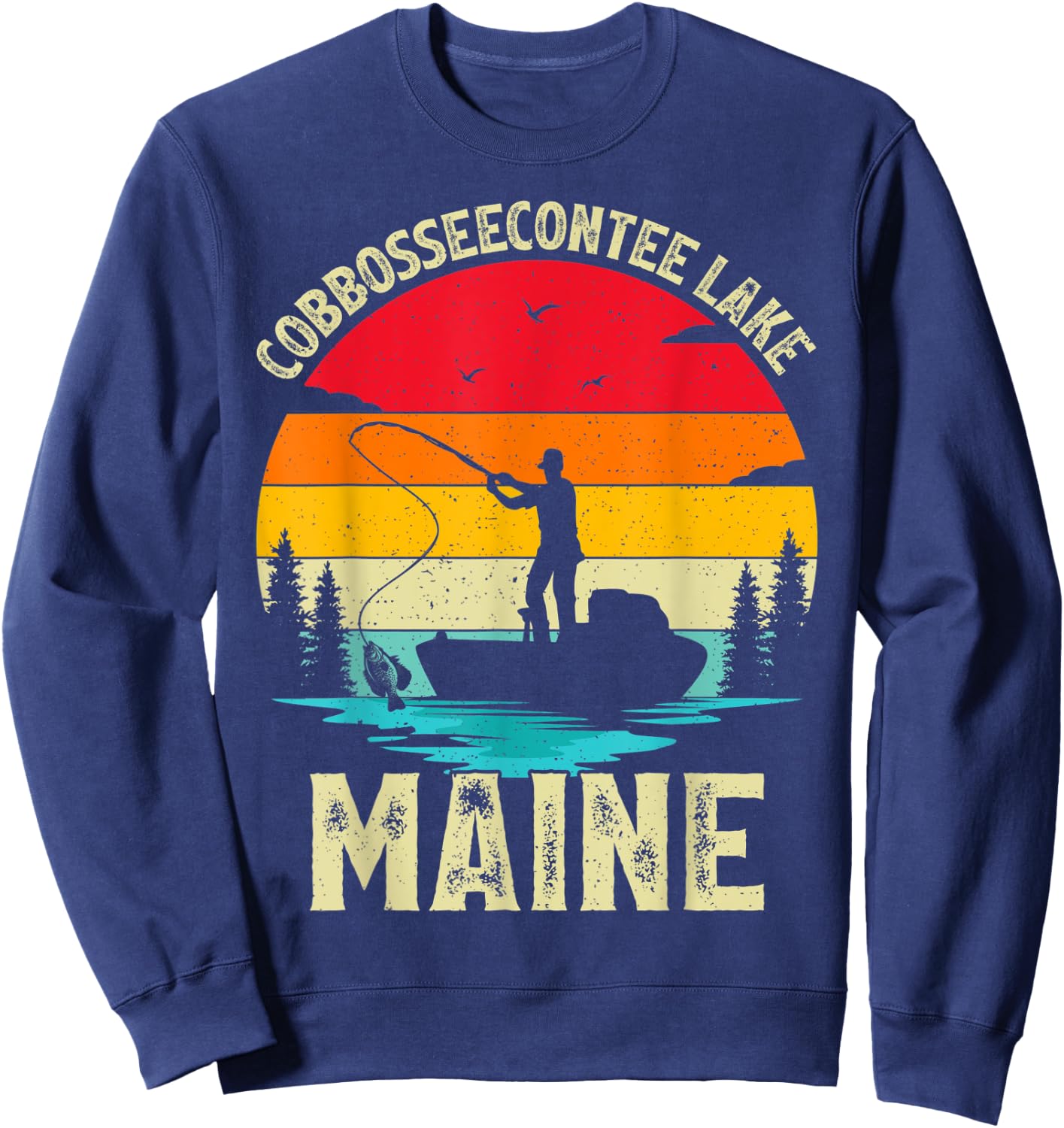 Summer Vacation Fishing Vintage Maine Cobbosseecontee Lake Men Women Kids Sweatshirt - Sweatshirt | Navy