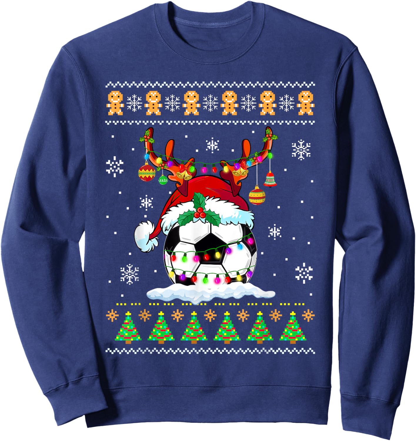 Soccer Ball Reindeer Santa Hat Ugly Sweater Xmas Lights Sweatshirt - Sweatshirt | Navy