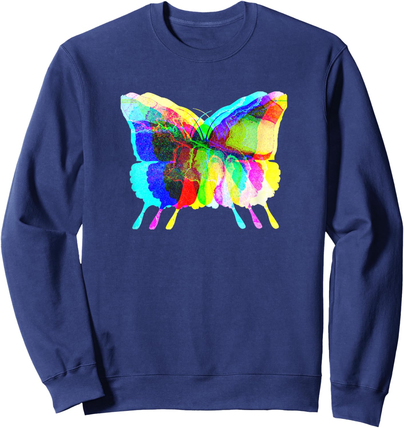Fly and Flourish Psychedelic Rorschach Rainbow Butterfly Sweatshirt - Sweatshirt | Navy