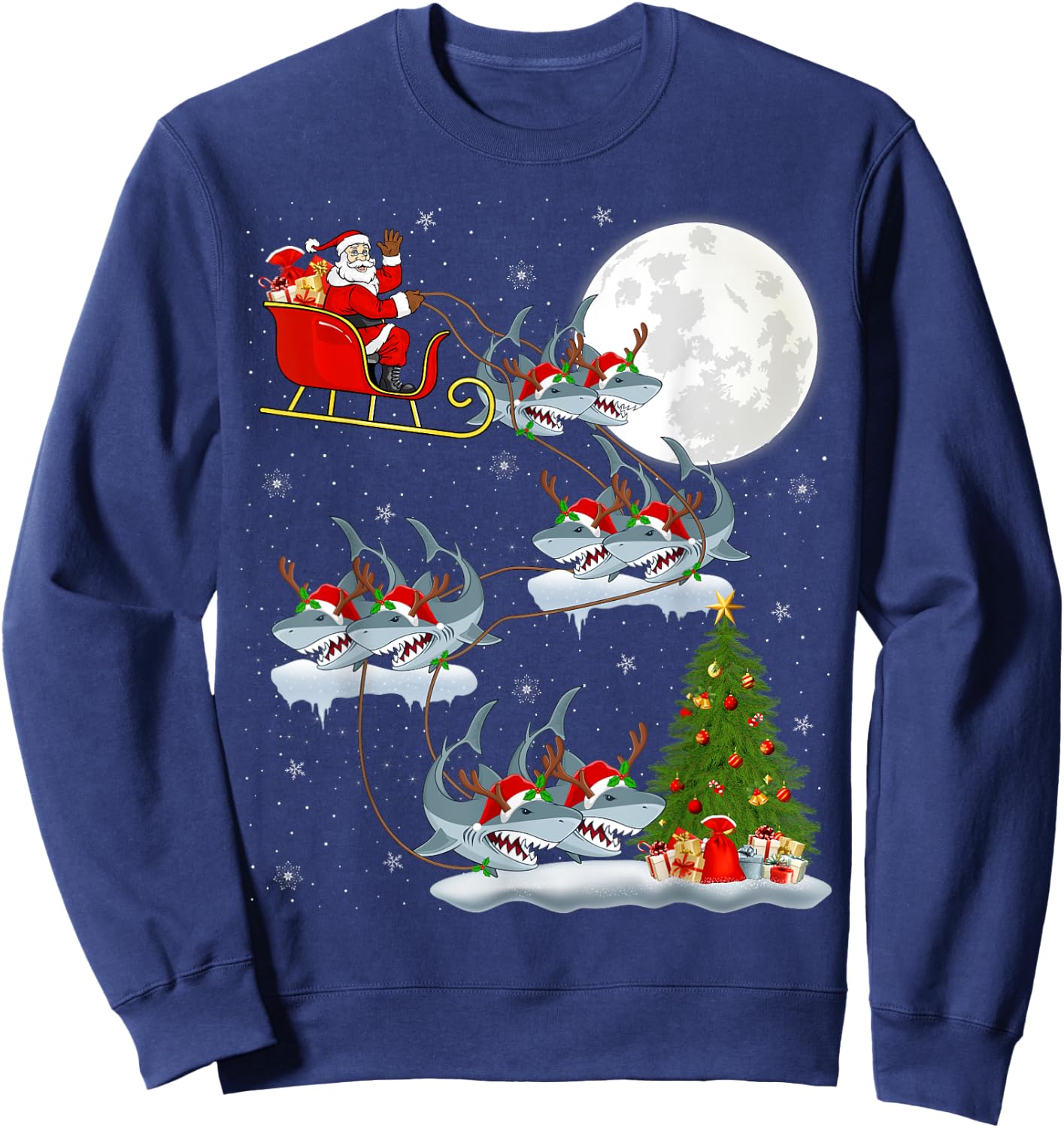 Xmas Lighting Tree Santa Riding Great White Shark Christmas Sweatshirt - Sweatshirt | Navy