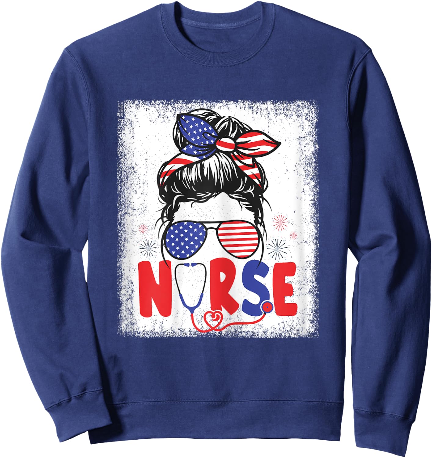 Patriotic Nurse Messy Bun 4th Of July American Flag Nurses Sweatshirt - Sweatshirt | Navy