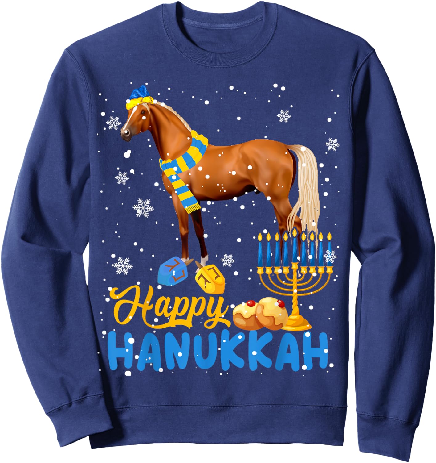 Happy Hanukkah Cute Hanukkah Horse Menorah Jewish Proud Sweatshirt - Sweatshirt | Navy