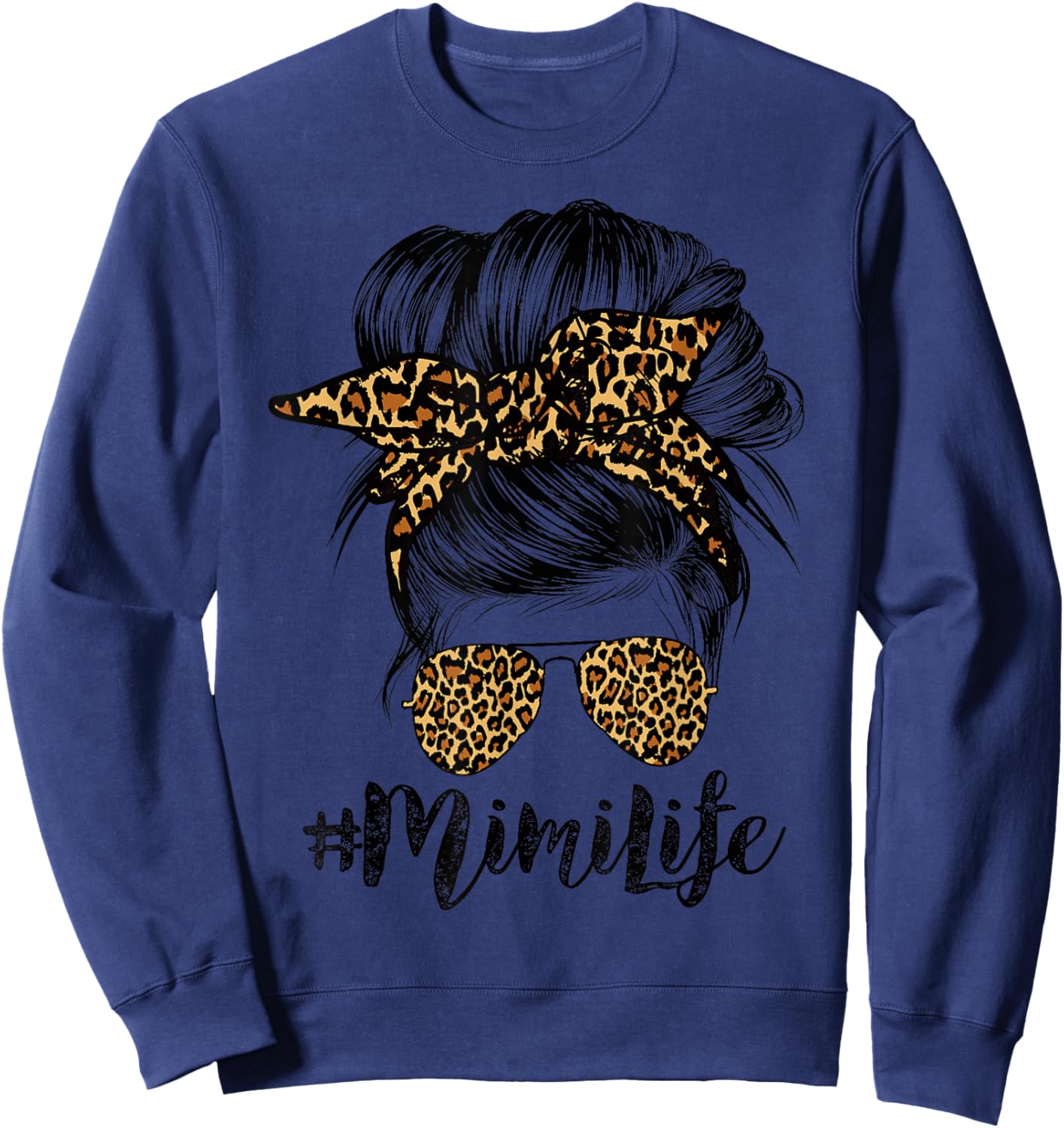 Mimi Life Hair Bandana Glasses Leopard Print Mother's Day Sweatshirt - Sweatshirt | Navy