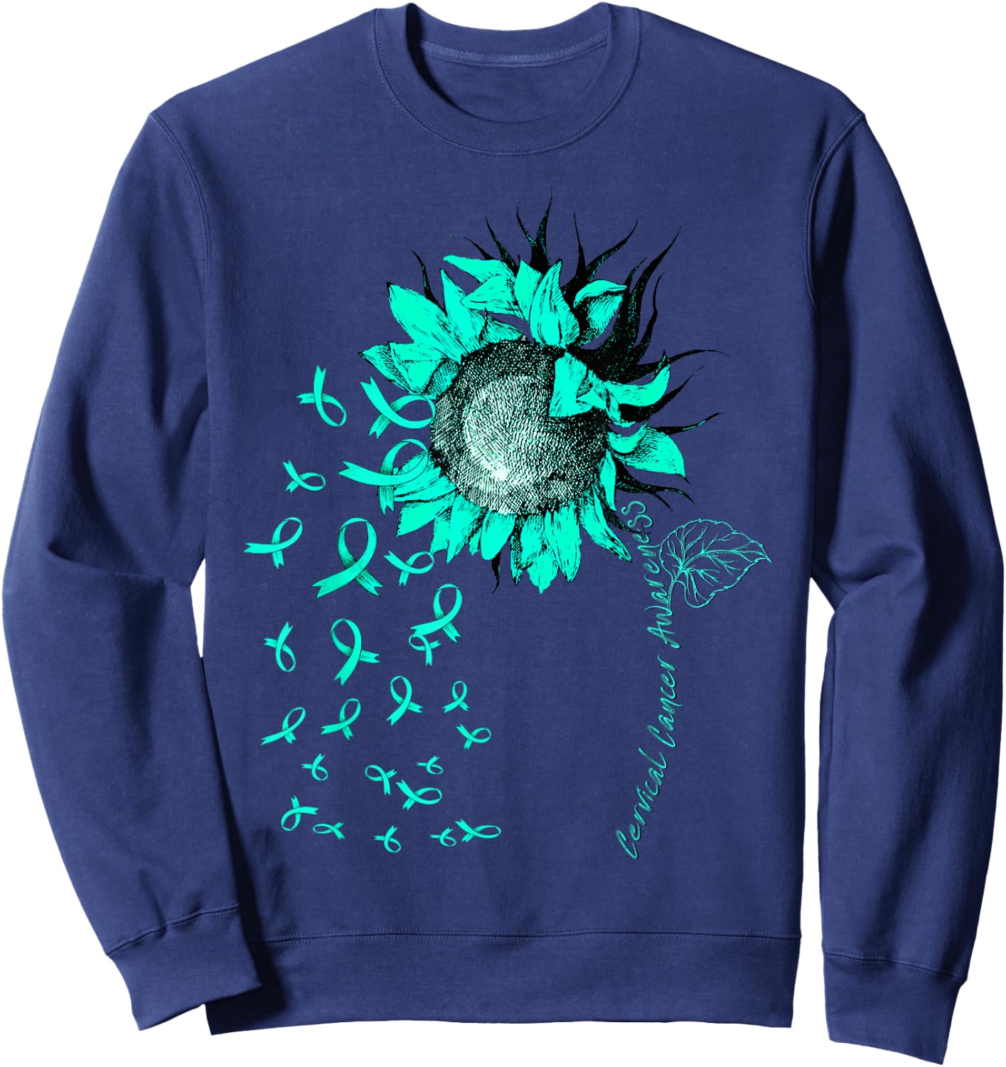 CERVICAL CANCER AWARENESS Sunflower Teal Ribbon Sweatshirt - Sweatshirt | Navy