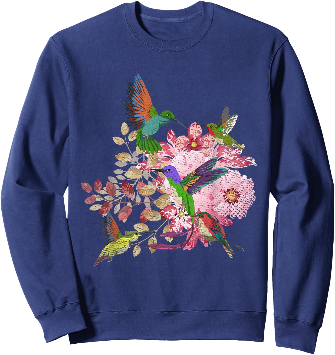 Floral Pretty Bird Flowers Animal Lover Vintage Hummingbird Sweatshirt - Sweatshirt | Navy