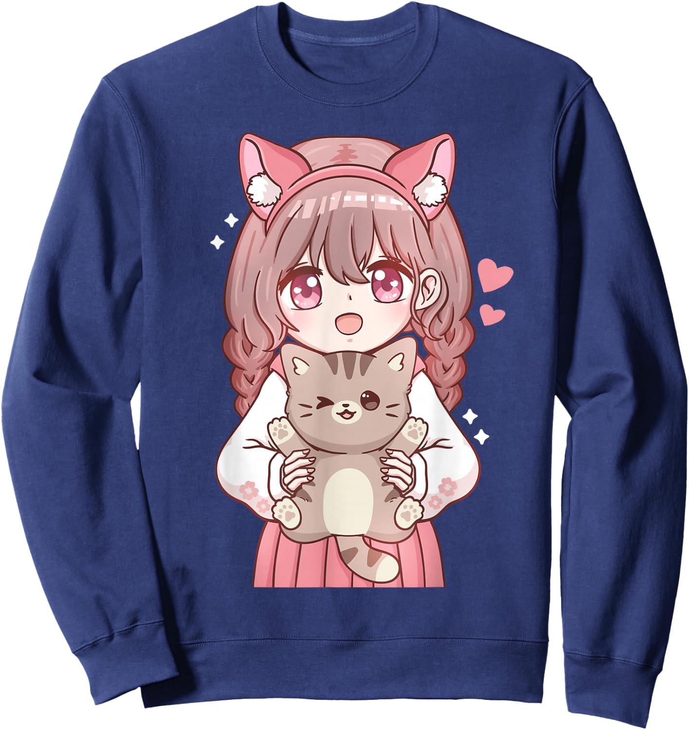 Anime Girl with Cat Kawaii Cat Lover Otaku Small Sweatshirt - Sweatshirt | Navy