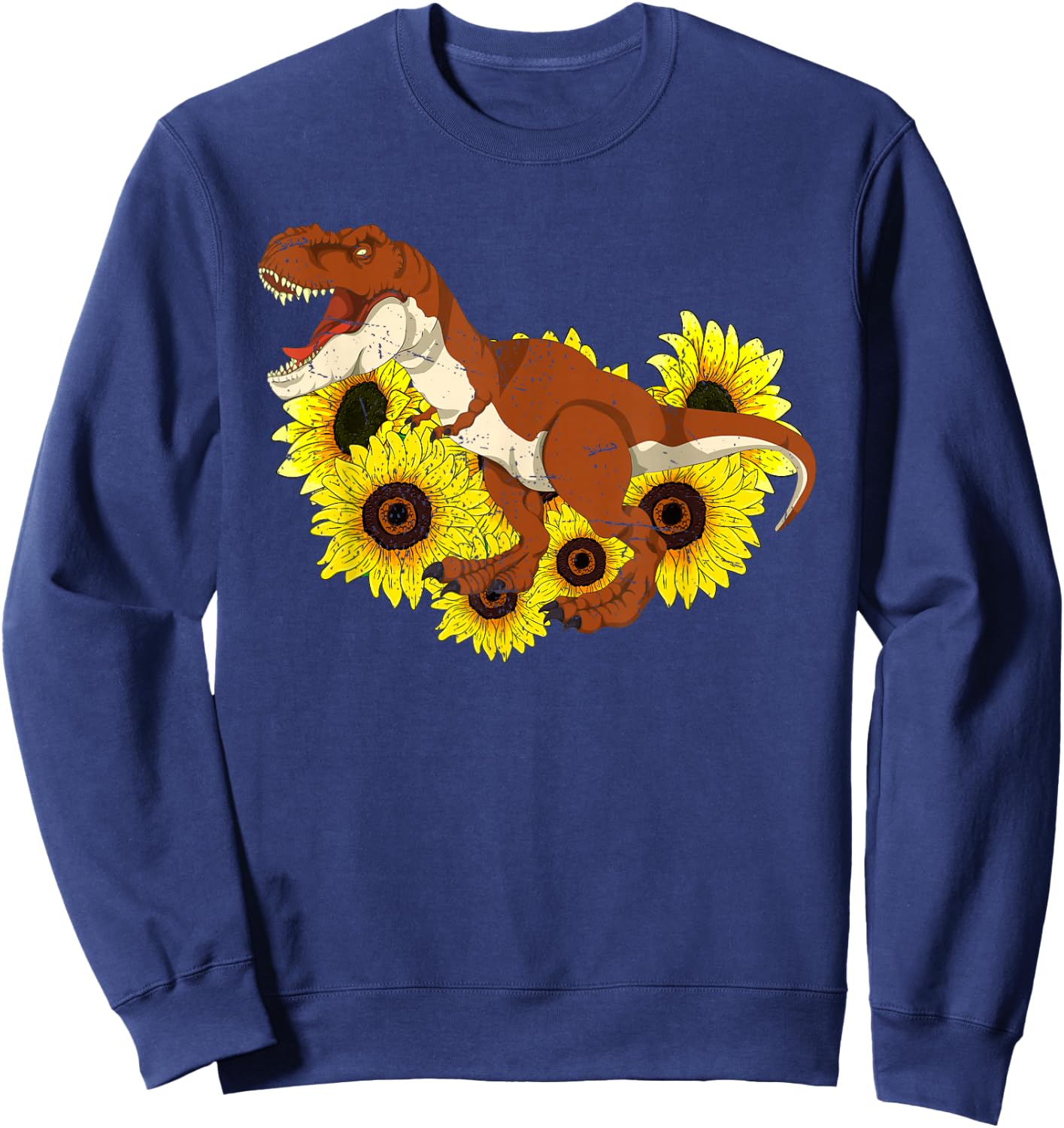 Floral Sunshine Yellow Flowers T-Rex Sunflowers Dinosaur Sweatshirt - Sweatshirt | Navy