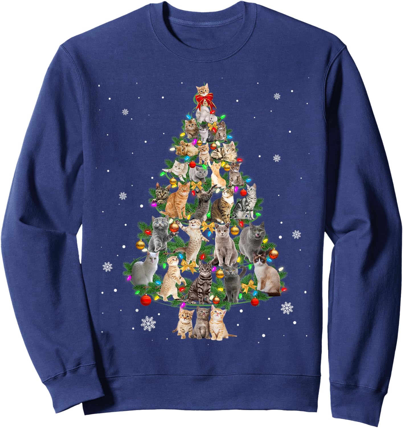 Meowy Xmas Cats Christmas Tree Lights Snow Kitten Funny Gift Sweatshirt - Sweatshirt | Navy