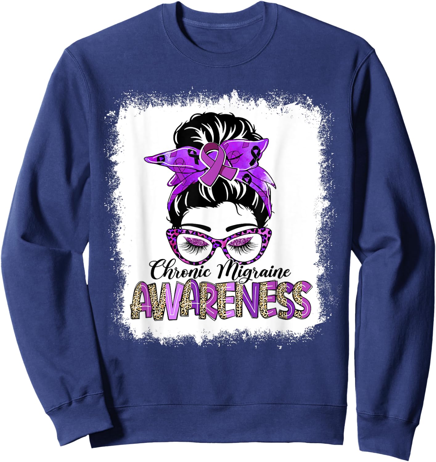 Messy Bun Purple Ribbon Chronic Migraine Awareness Gifts Sweatshirt - Sweatshirt | Navy