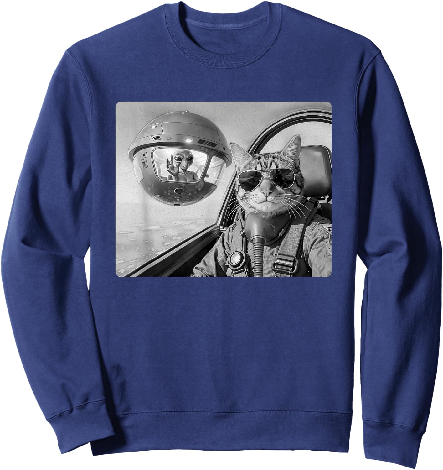 Pilot Cat Selfie with UFO and Alien Fighter Jet Cat Lovers Sweatshirt - Sweatshirt | Navy