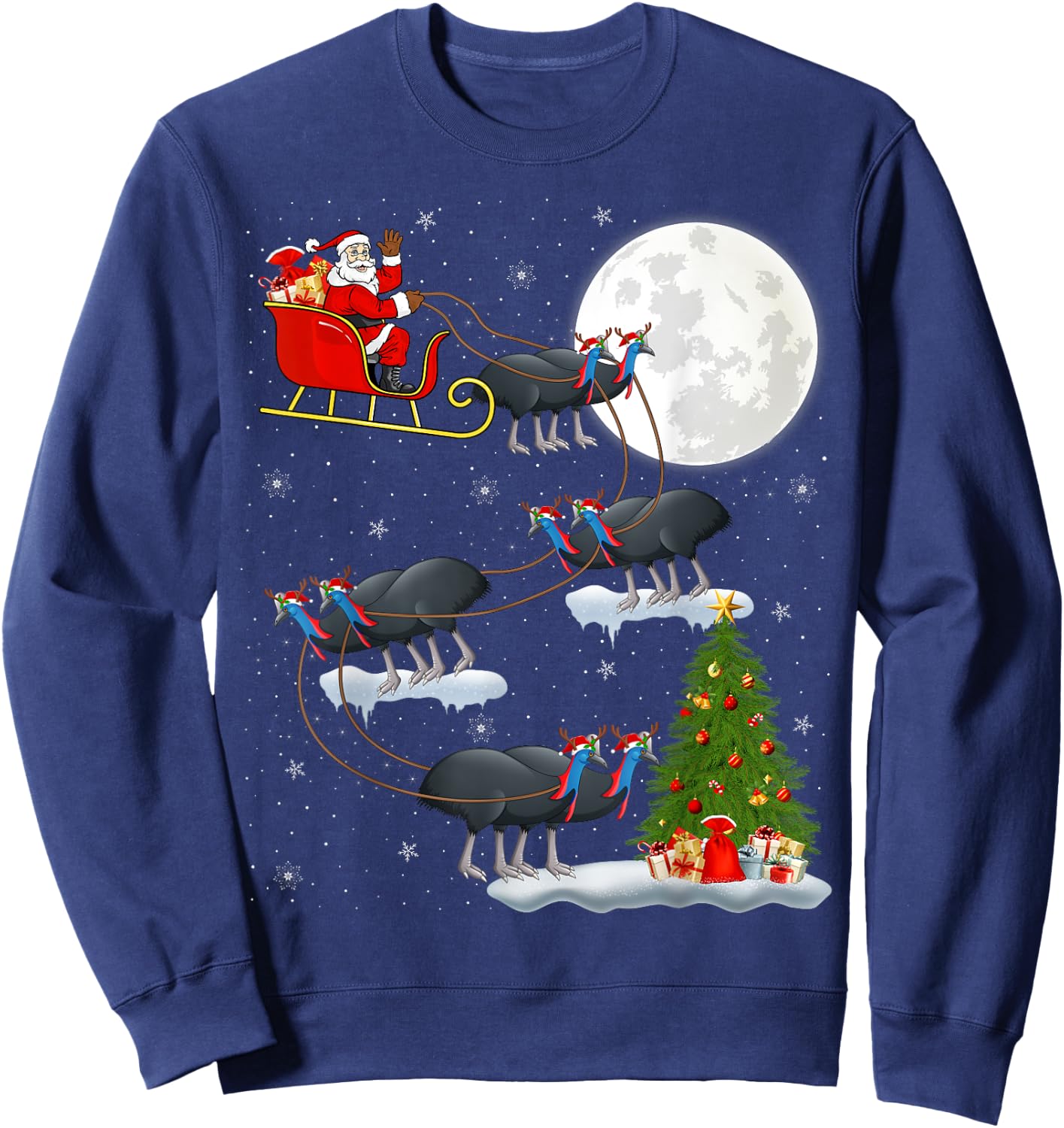 Funny Xmas Lighting Tree Santa Riding Cassowary Christmas Sweatshirt - Sweatshirt | Navy