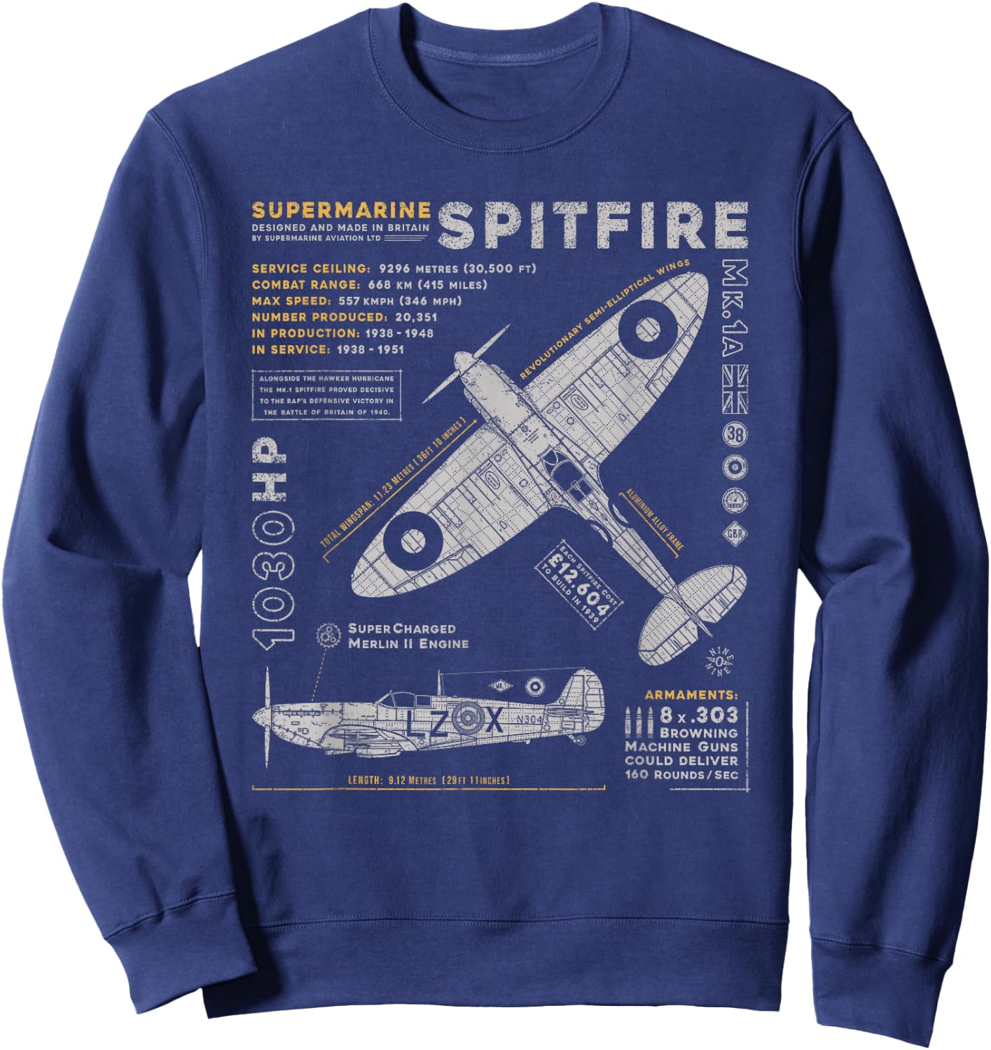 Spitfire Mk.1 | RAF British WWII Supermarine Fighter Plane Small Sweatshirt - Sweatshirt | Navy