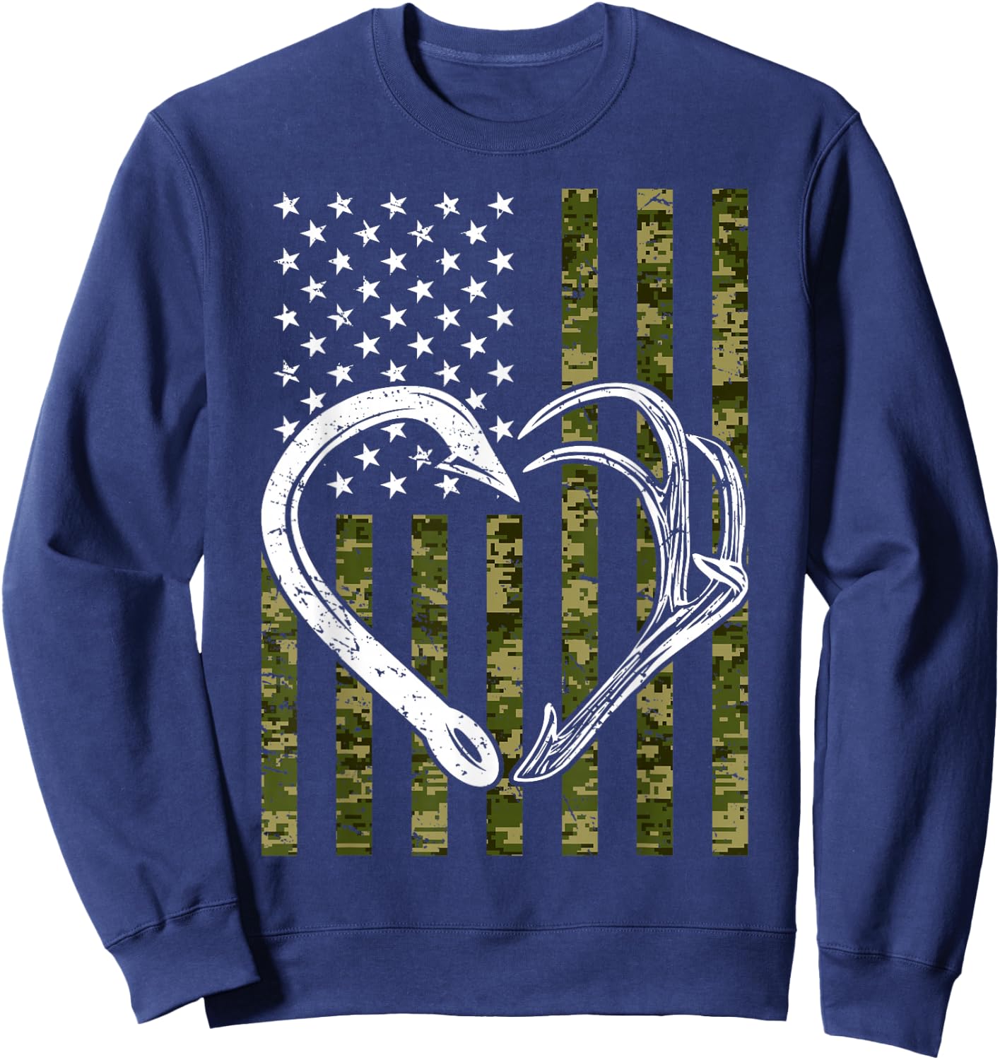Fishing Hunting Hook Antler American Camoflauge USA Flag Sweatshirt - Sweatshirt | Navy