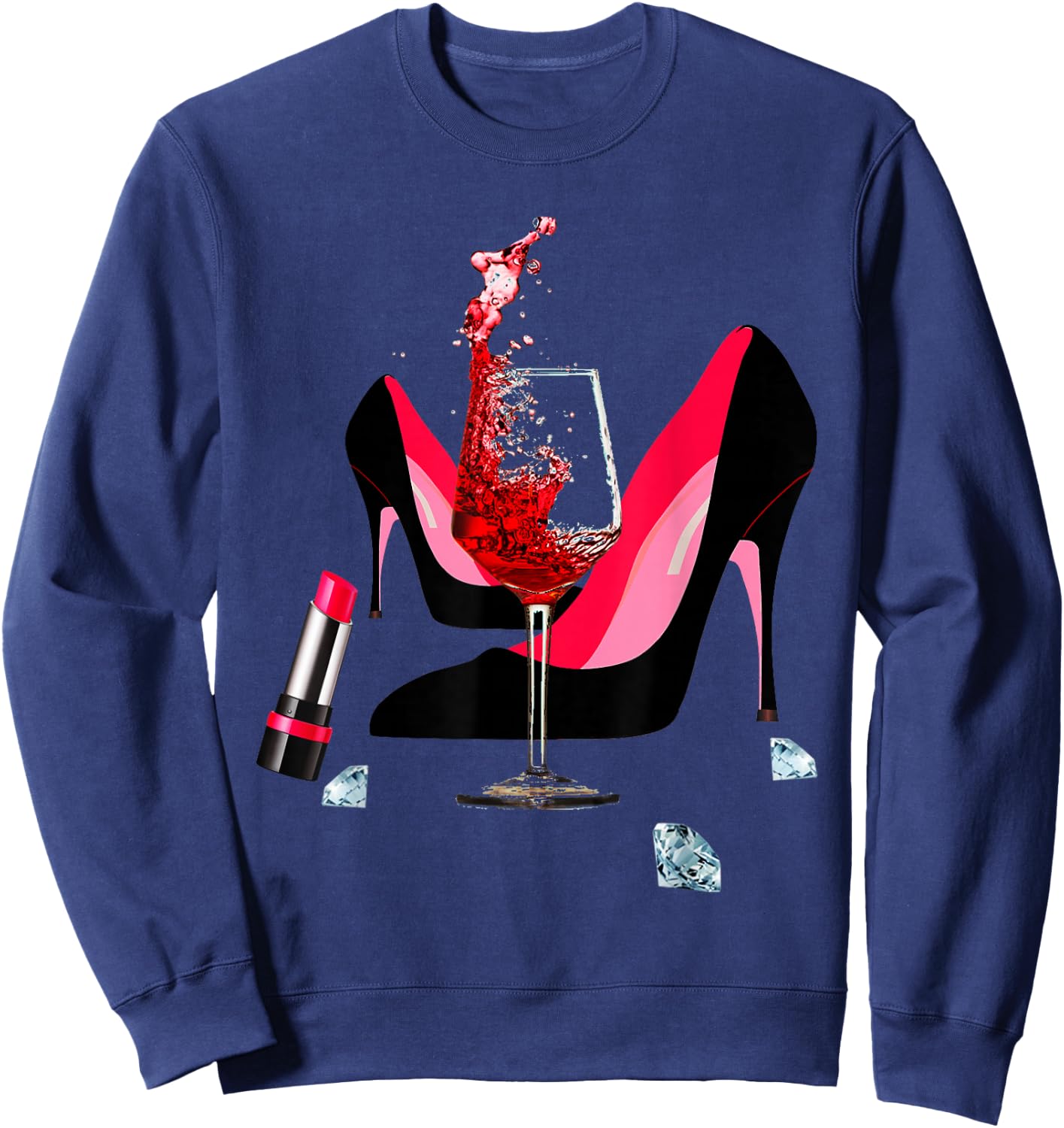 High Heel Shoes, red Lipstick, red Wine Glass and Diamonds Sweatshirt - Sweatshirt | Navy