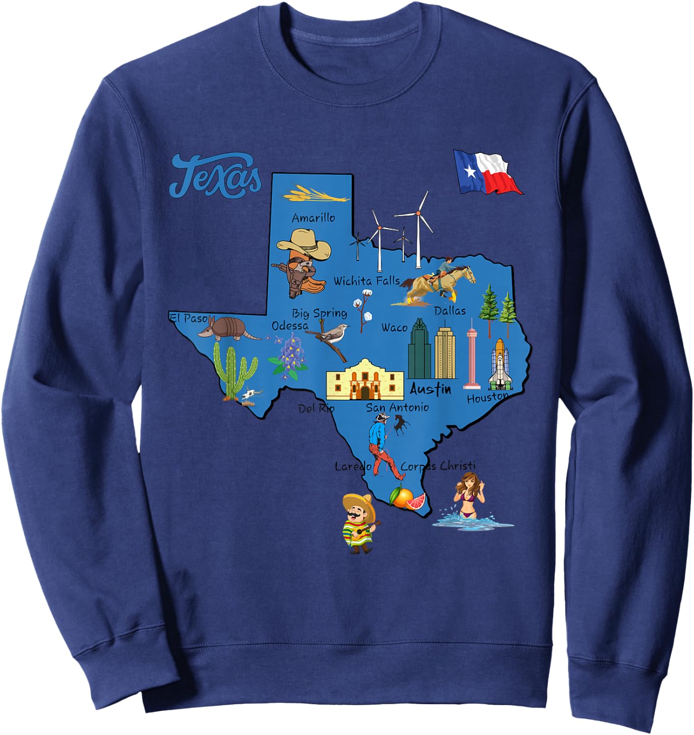 tourism map of Texas state, USA, cities, Landmarks, flag Sweatshirt - Sweatshirt | Navy