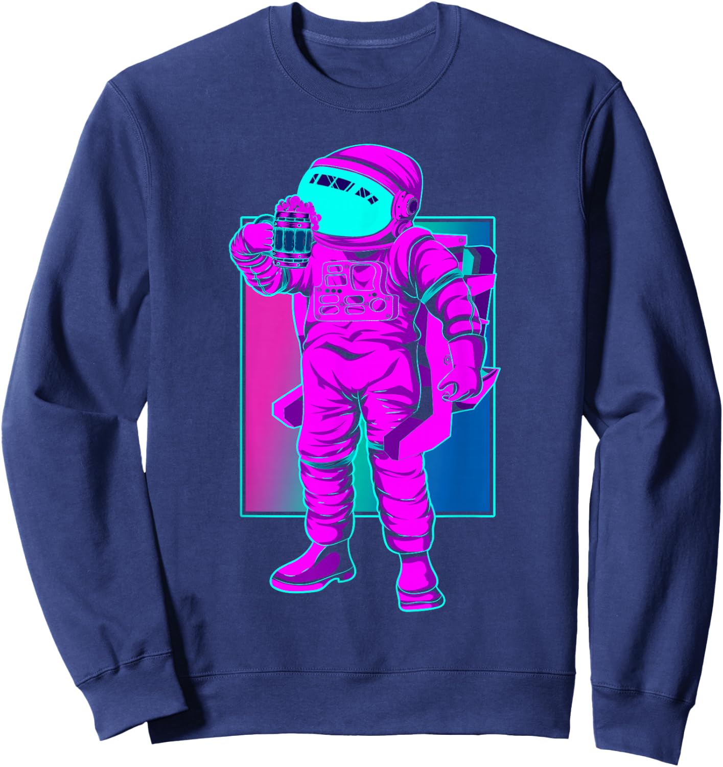 Synthwave Space 80s Vaporwave Funny Beer Drinking Astronaut Sweatshirt - Sweatshirt | Navy