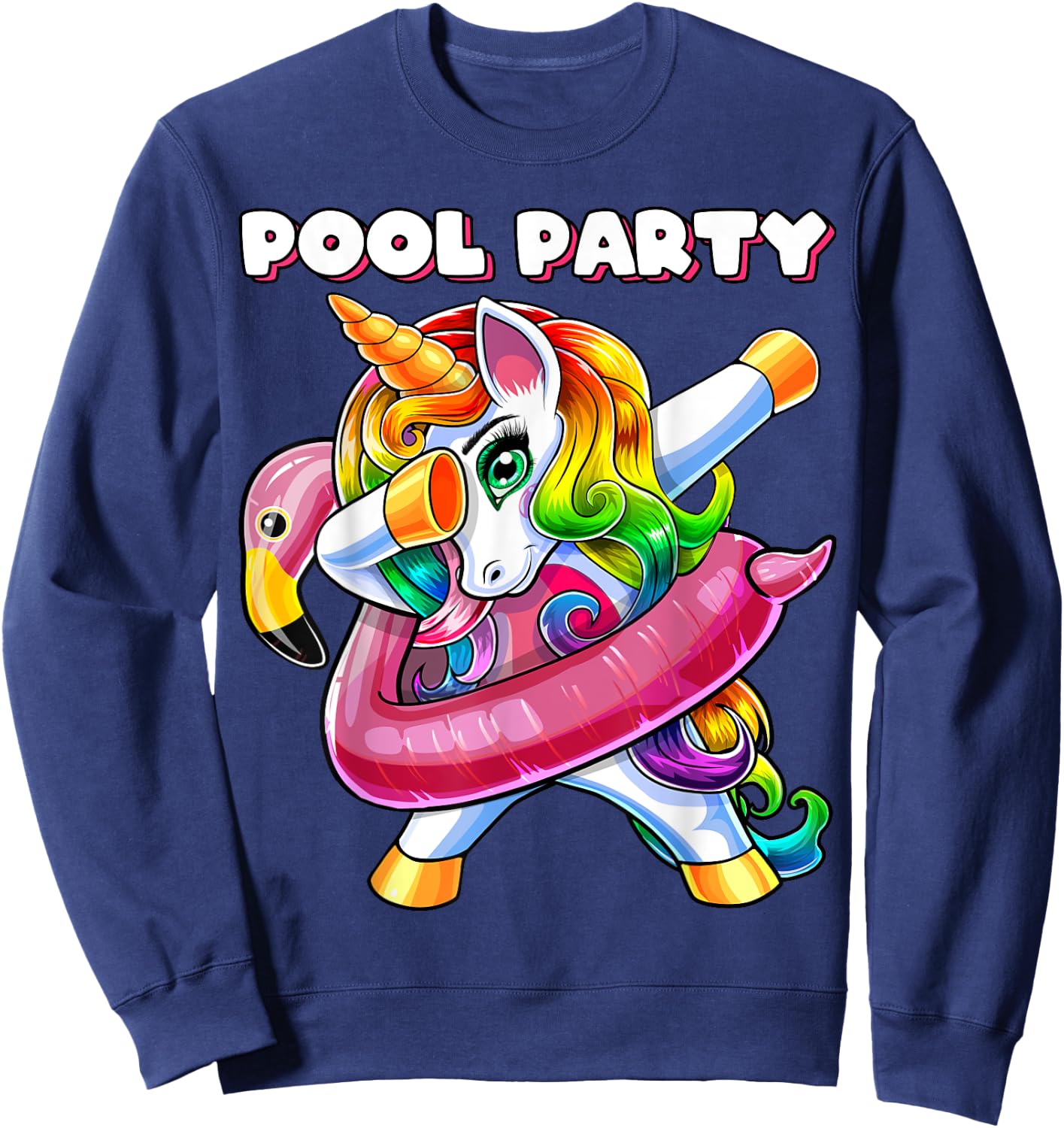 Pool Party Flamingo Float Dabbing Unicorn Girls Women Summer Sweatshirt - Sweatshirt | Navy