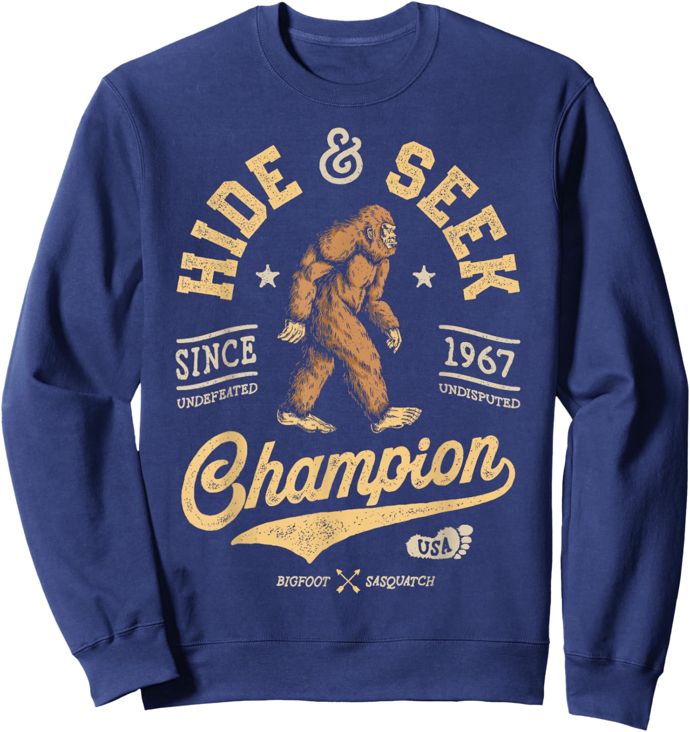 Bigfoot Hide and Seek Champion Funny Sasquatch Retro Vintage Small Sweatshirt - Sweatshirt | Navy