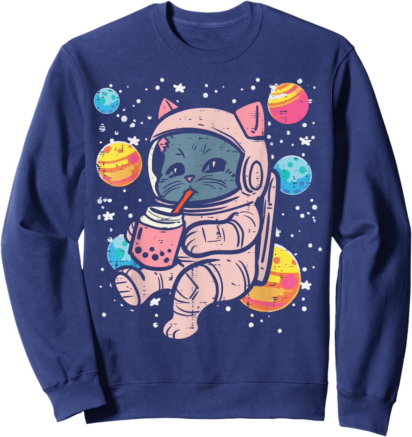 Cat Astronaut Boba Milk Tea Cute Space Women Girls Kids Men Sweatshirt - Sweatshirt | Navy
