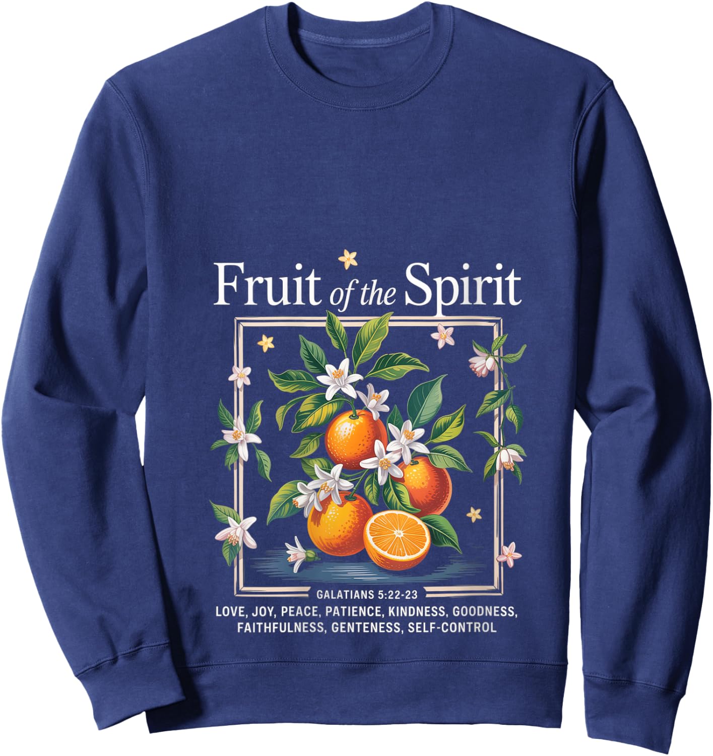 Christian Fruit of The Spirit Vintage Fruit Orange Flower V-Neck Sweatshirt - Sweatshirt | Navy